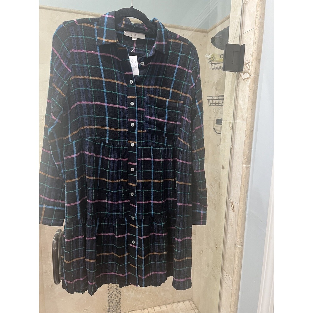 New Nwt Loft Womens S  Plaid Tiered Long Sleeve Mini Peasant Dress Rainbow